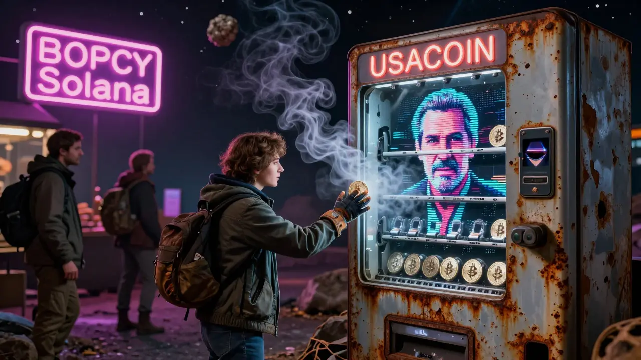 Desperate space travelers reaching for a broken USACOIN vending machine under fake Peter Schiff hologram.