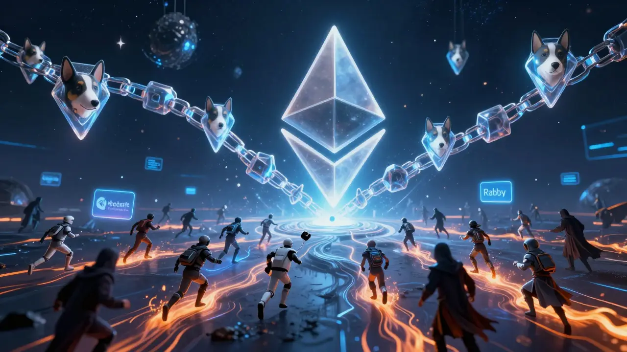 Ethereum blockchain river with NFT dog heads, travelers connecting wallets as phishing holograms loom nearby.