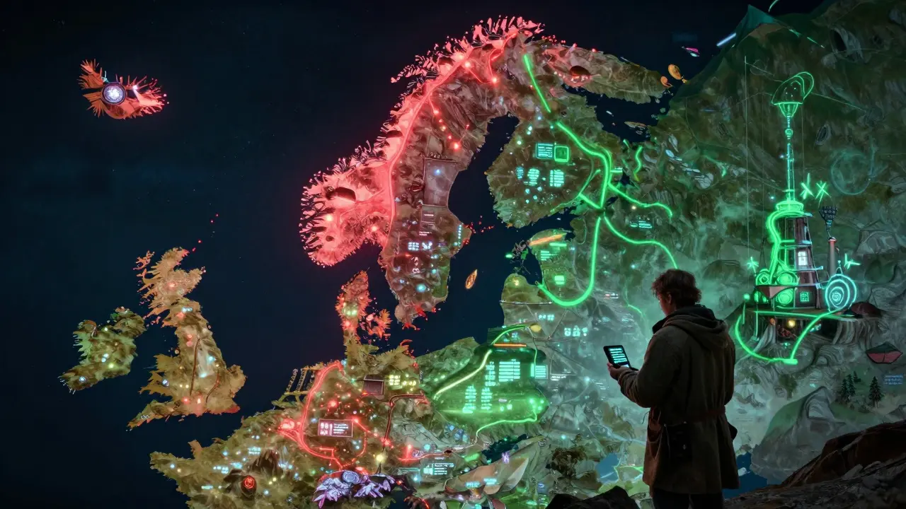 Holographic energy map showing crypto mining flows dimming while green industries surge forward.