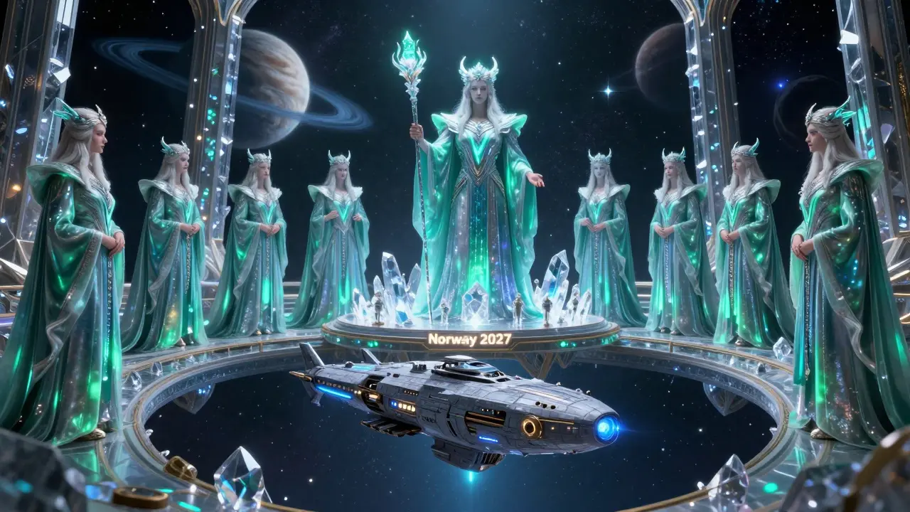 Nordic AI deities in a celestial hall decreeing a ban on new crypto mining, with a starship awaiting review.