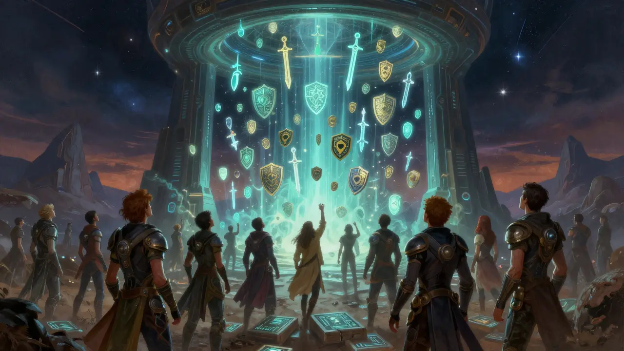 Thousands of glowing NFT tokens pour from a digital portal as adventurers reach upward in a barren wasteland under a twilight sky.