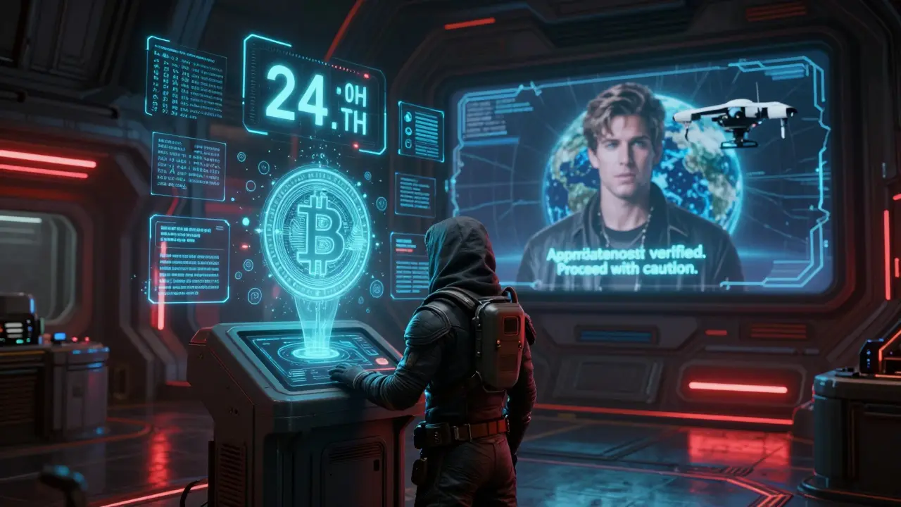 Trader in a space station before a neural interface with a 24-hour countdown and floating risk warnings.