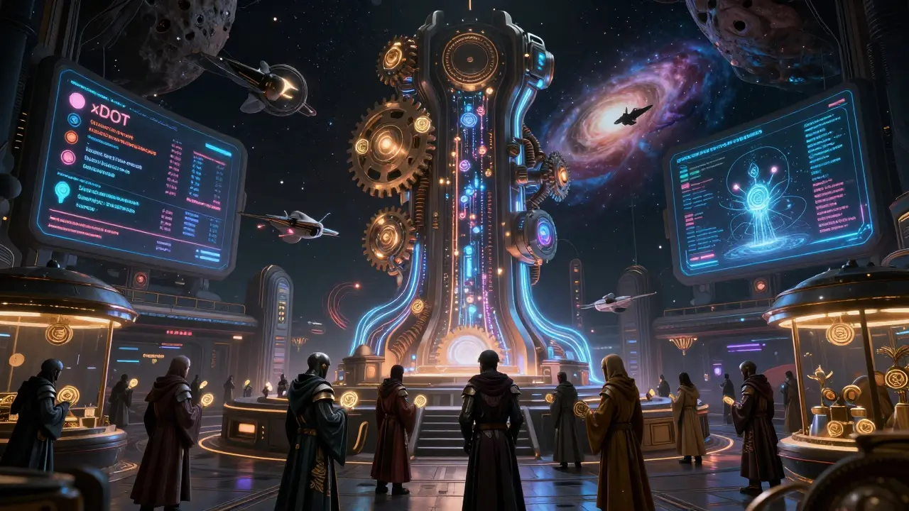 Traders in armored robes bartering with EQ tokens in a starlit asteroid marketplace powered by a glowing orderbook DEX.