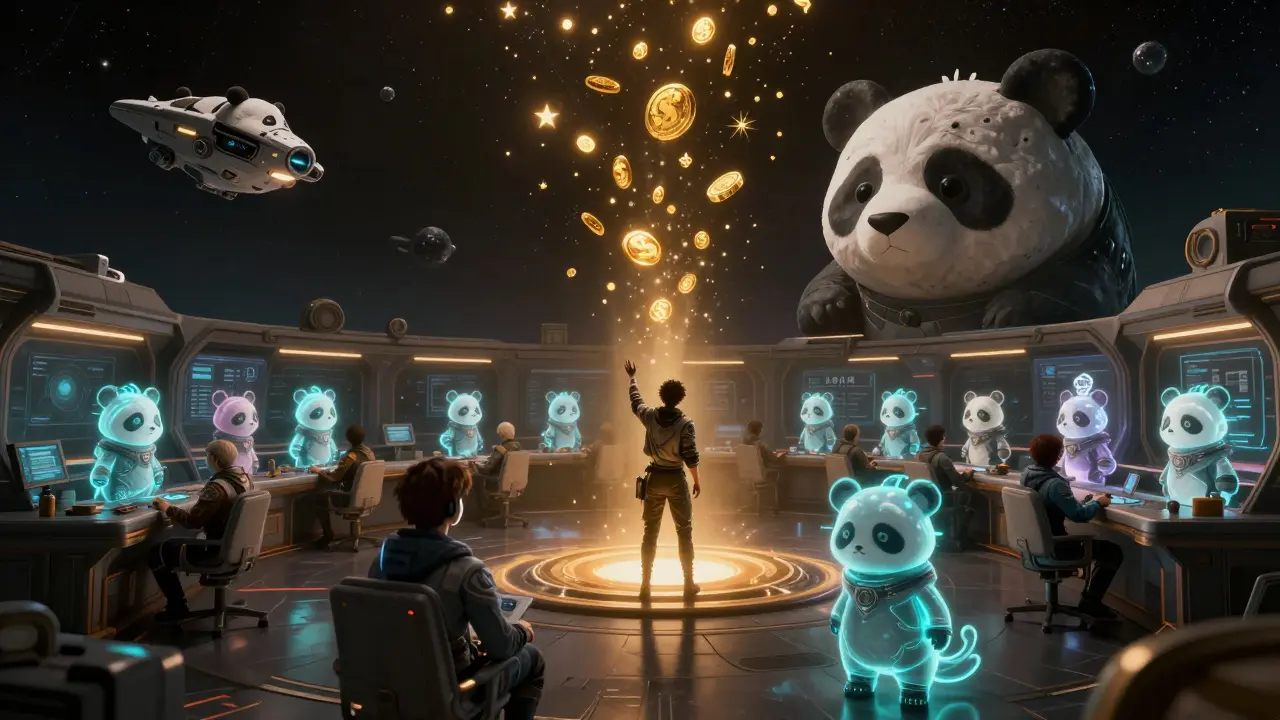 127 players interact with living panda NFTs in a zero-gravity Discord chamber orbiting a panda asteroid.