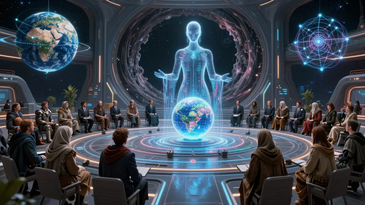 A celestial assembly debating a tokenized real estate orb, with a wormhole revealing galaxy-spanning DeFi networks.