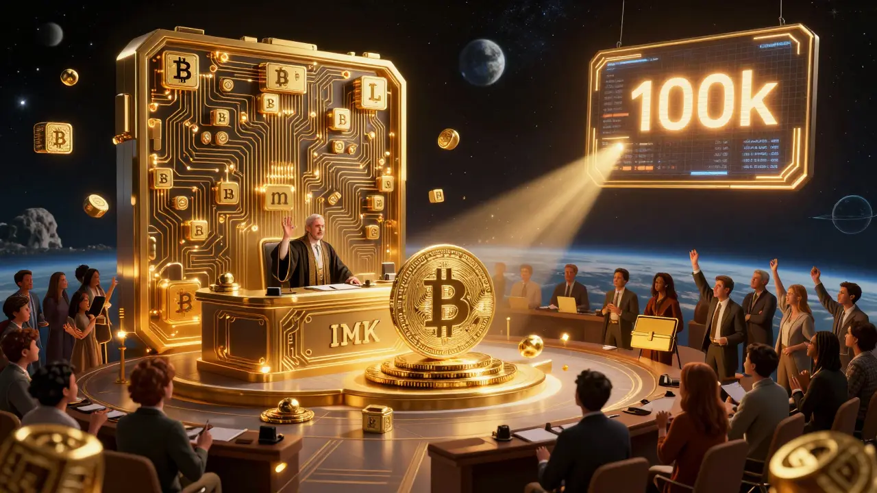 A celestial courtroom floats in space, where a blockchain AI judge burns tax forms into stardust as traders celebrate.