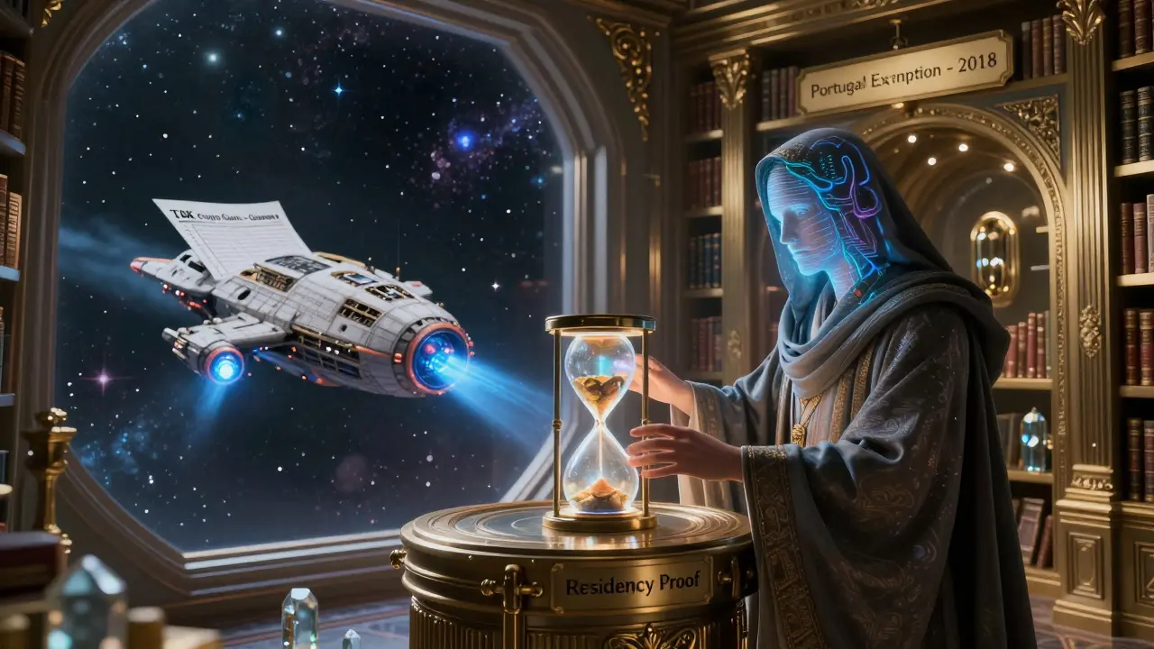 A celestial library in orbit holding data crystals of global crypto tax laws, guarded by a holographic time-warden.
