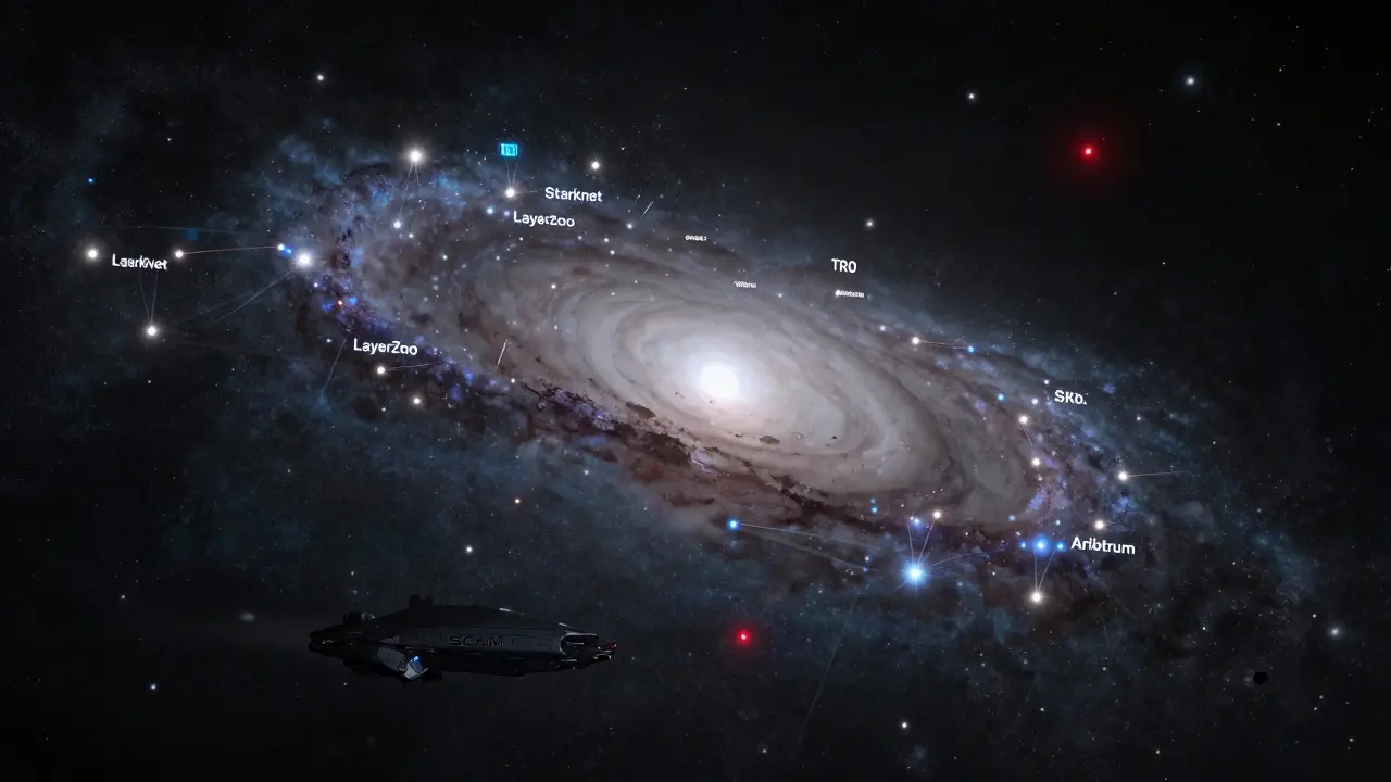 A celestial map shows glowing airdrop beacons, with a single dim red dot labeled 'TRO' fading in the cosmic void.