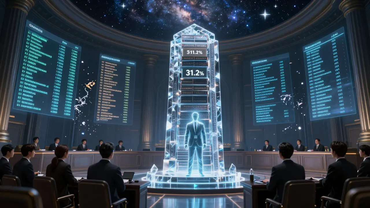 A cosmic courtroom where a trader is judged for unreported crypto gains, with compliant and non-compliant data streams on either side.
