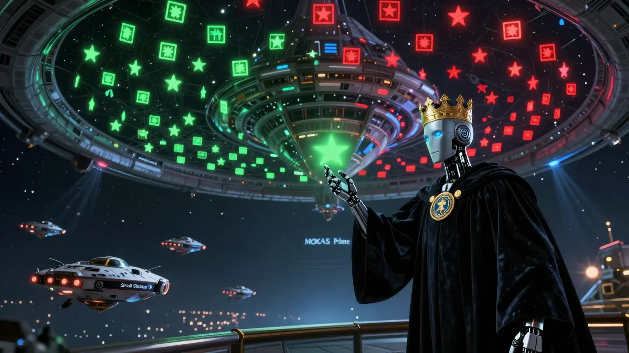 A cosmic enforcement hub sorts crypto transactions as glowing logs swirl in space, with starships fleeing to safer banking systems.