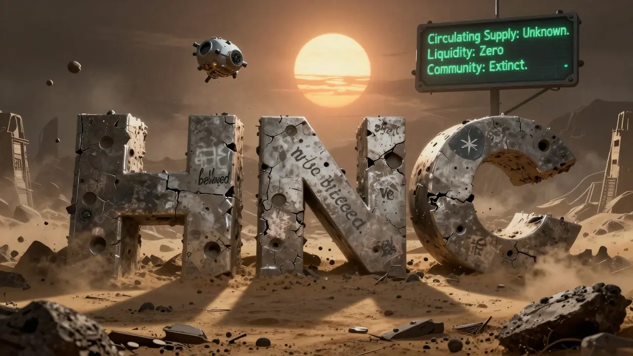A cosmic graveyard of dead cryptocurrencies, with a broken HNC monument buried under asteroid dust under a dying sun.