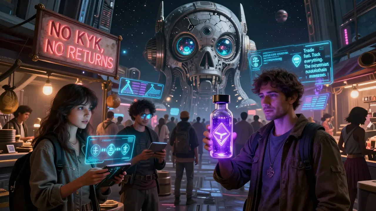 A crowded lunar bazaar where traders exchange crypto via holograms, with a sign reading 'NO KYC, NO RETURNS' and an ancient AI oracle in the background.