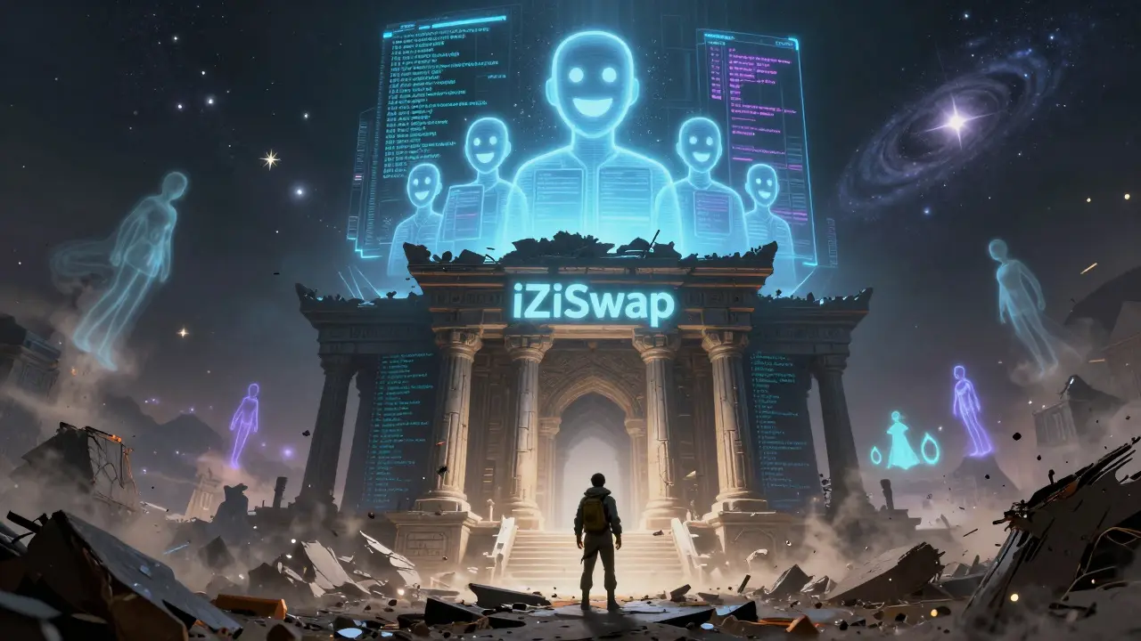 A crumbling temple of code under a fading hologram, surrounded by ghostly figures losing their crypto.