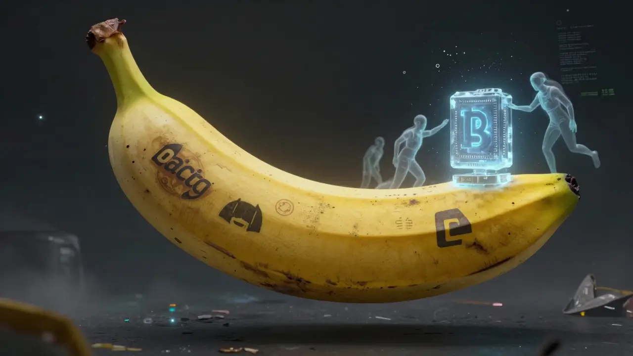 A derelict banana-shaped space station adrift in space, covered in faded crypto logos and ghostly user silhouettes.