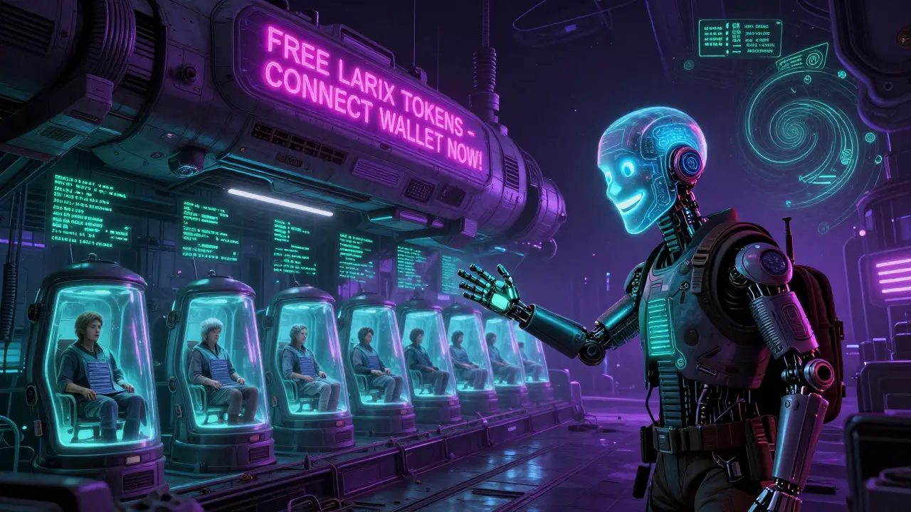 A derelict space station with glowing scam signs, a robotic AI luring a victim, and frozen victims in cryo-pods.
