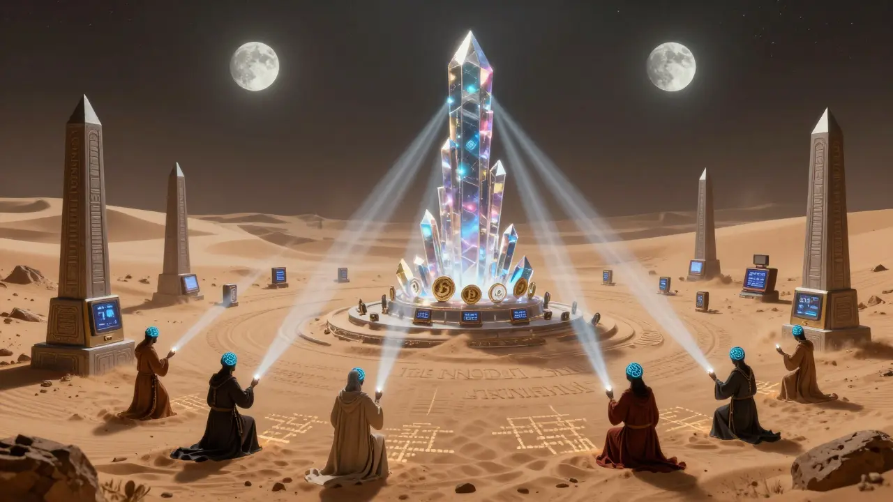 A desert planet covered in glowing crypto wallets converging into a stablecoin spire under twin moons.