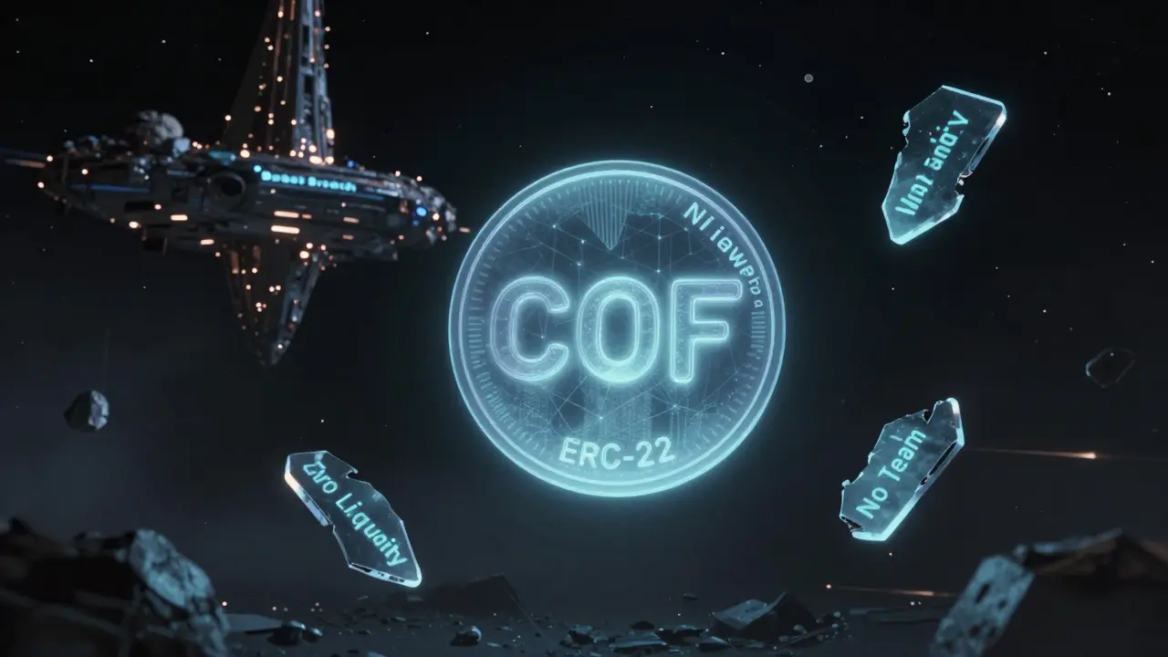 A faint, ghostly crypto token drifting through a dead asteroid belt with broken data shards floating around it.