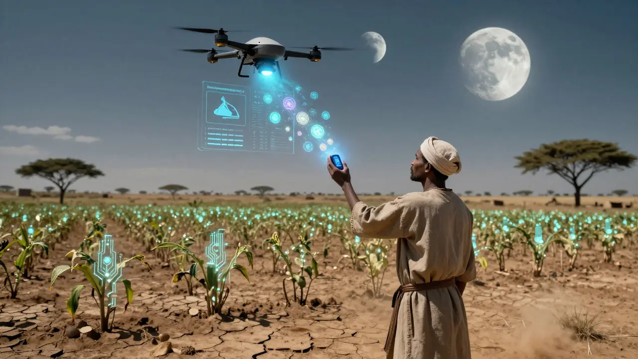 A farmer in a desert receives digital insurance tokens from satellite data projected in the night sky.