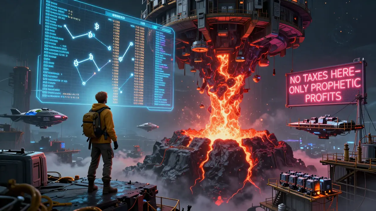 A futuristic city rises from a volcano, with holographic Bitcoin transactions glowing in the sky and starships arriving.