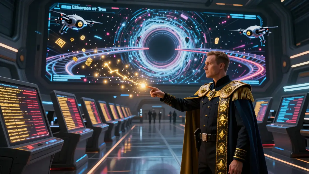 A futuristic exchange hub displays real-time crypto fund flows as glowing data streams, with drones chasing transactions through wormholes.