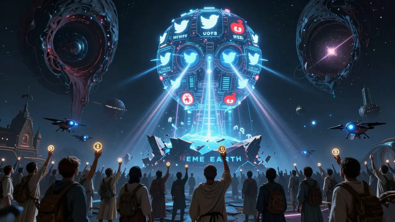 A holographic oracle made of social media logos above a fractured planet, with pilgrims reaching toward data streams as a rug-pull black hole consumes a coin.