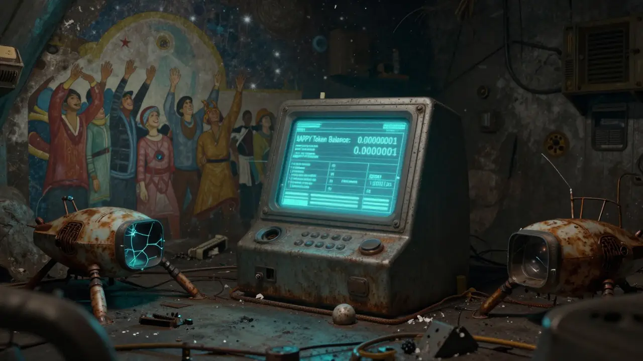 A lone holographic terminal in an asteroid mine showing zero HAPPY token balance, surrounded by broken drones.