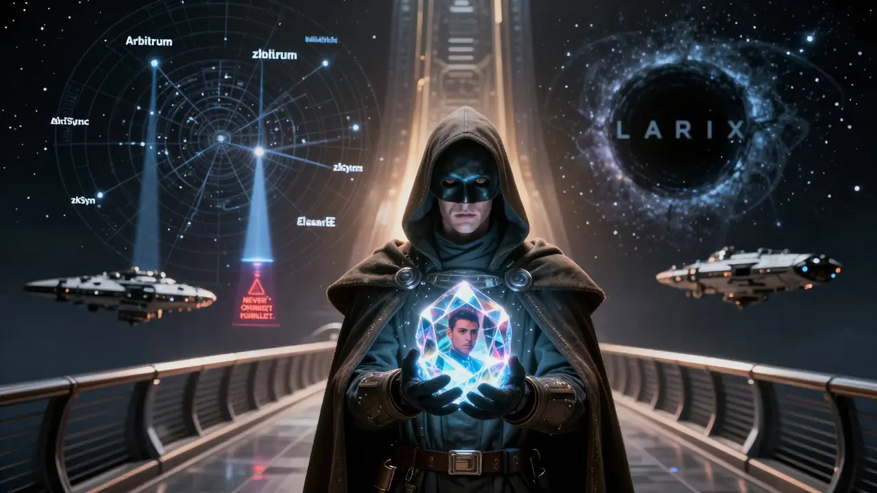 A masked scammer holds a core of stolen crypto while real airdrops shine as beacons and LARIX is a devouring black hole.