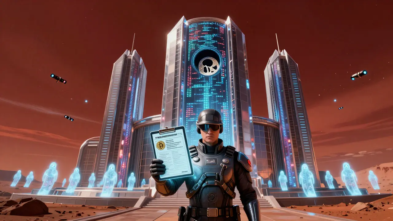 A massive bank tower on Mars pulses with surveillance glyphs as frozen crypto withdrawals drift like fallen satellites.