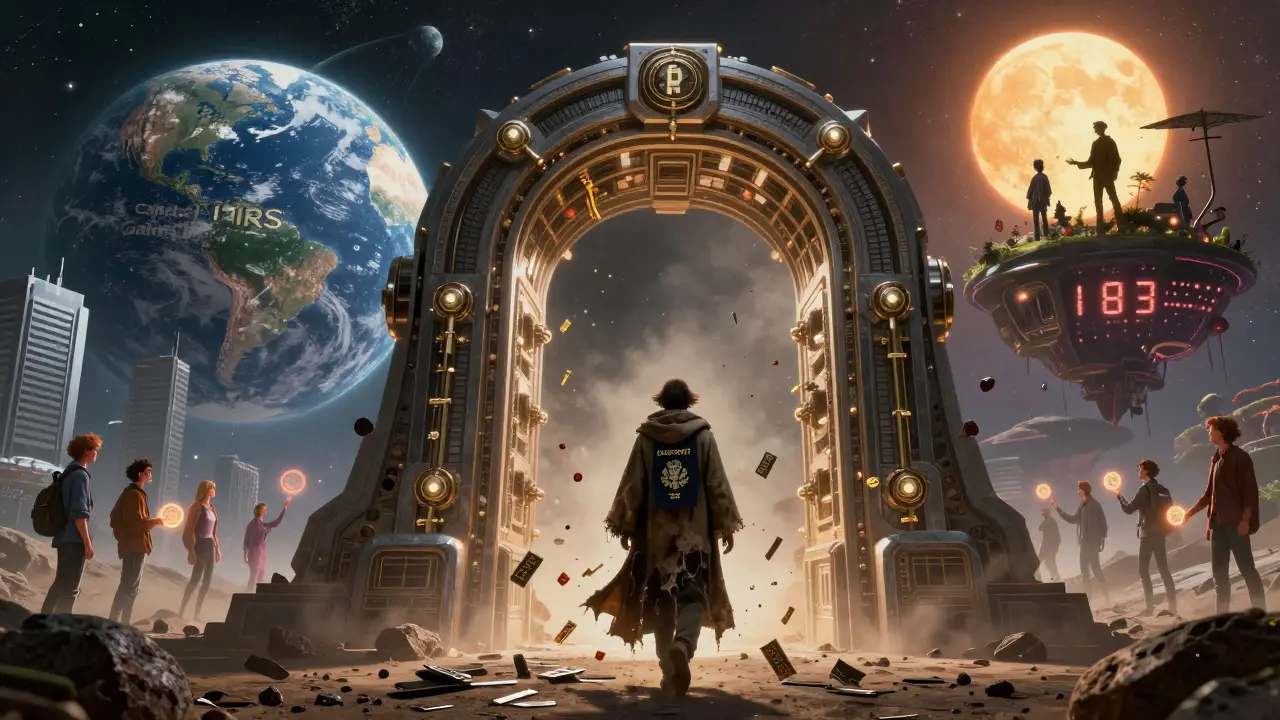 A massive blockchain gate separating a taxed Earth from a tax-free alien planet, a figure stepping from darkness into light.