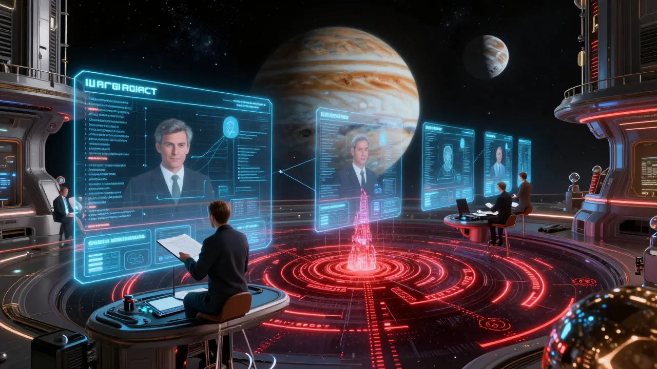 A massive orbital hub displays a sprawling blockchain ledger with light-threads connecting planets, under cosmic starlight.