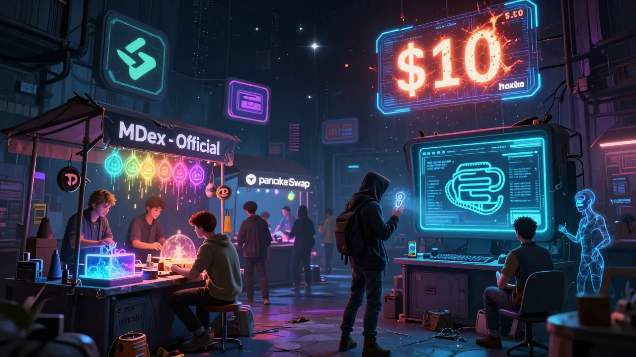 A neon space bazaar thrives with legitimate DEX stalls, while a shadowy alley hosts a fake MDEX kiosk with a phishing worm coiling around a wallet.