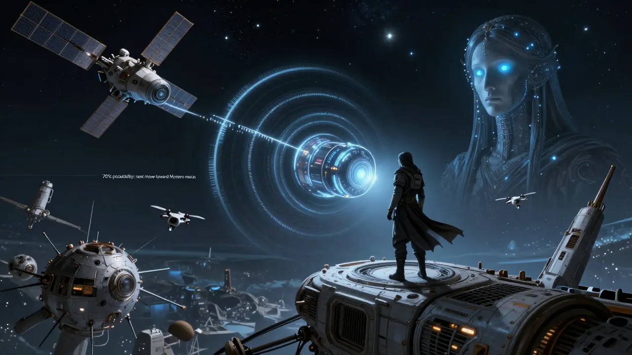 A privacy warrior activates a device that erases transaction trails, while tracing drones lose their target among drifting satellites.