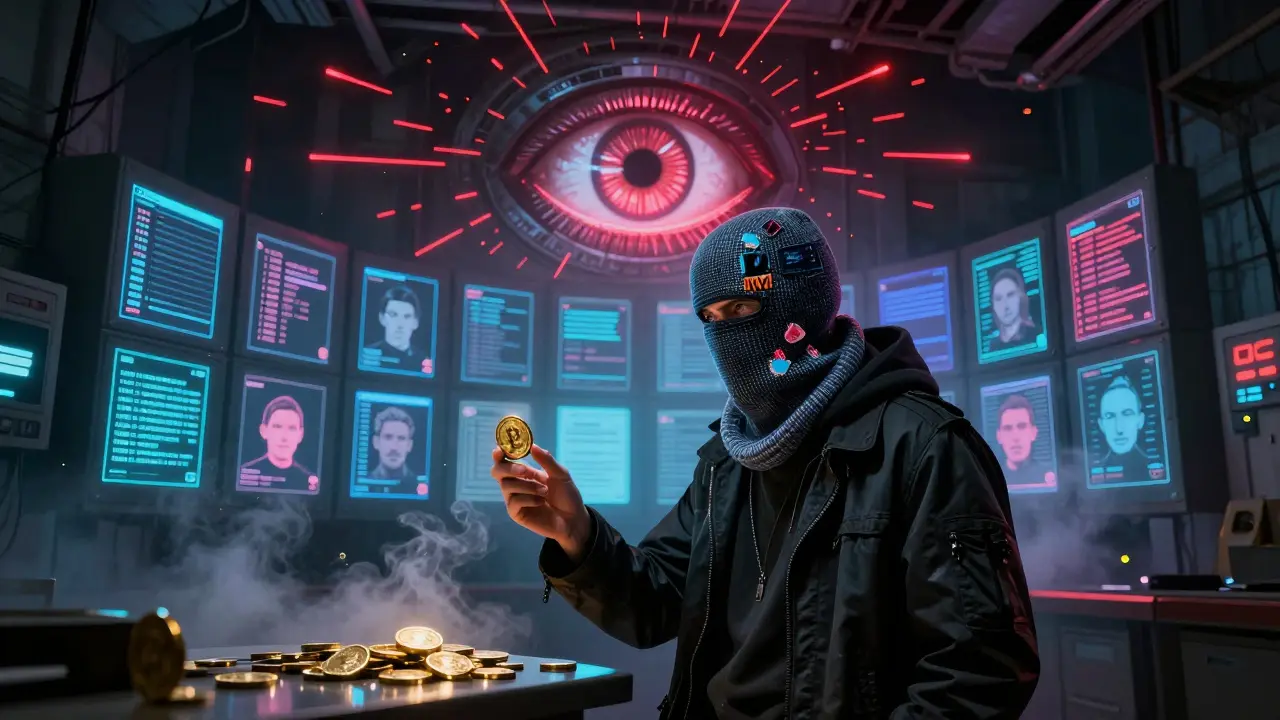 A rogue merchant trades digital rubles for gold in a neon-lit underground den beneath Moscow's ruins.