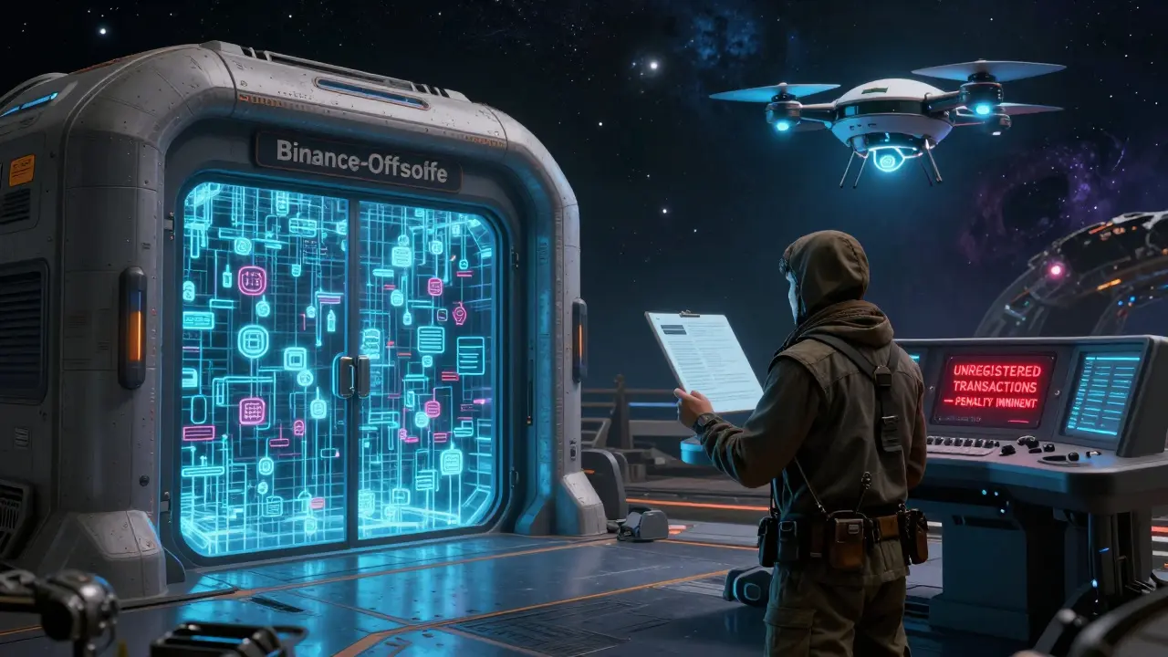 A rogue trader's ship blocked by a quantum firewall as a tax audit drone hovers nearby.