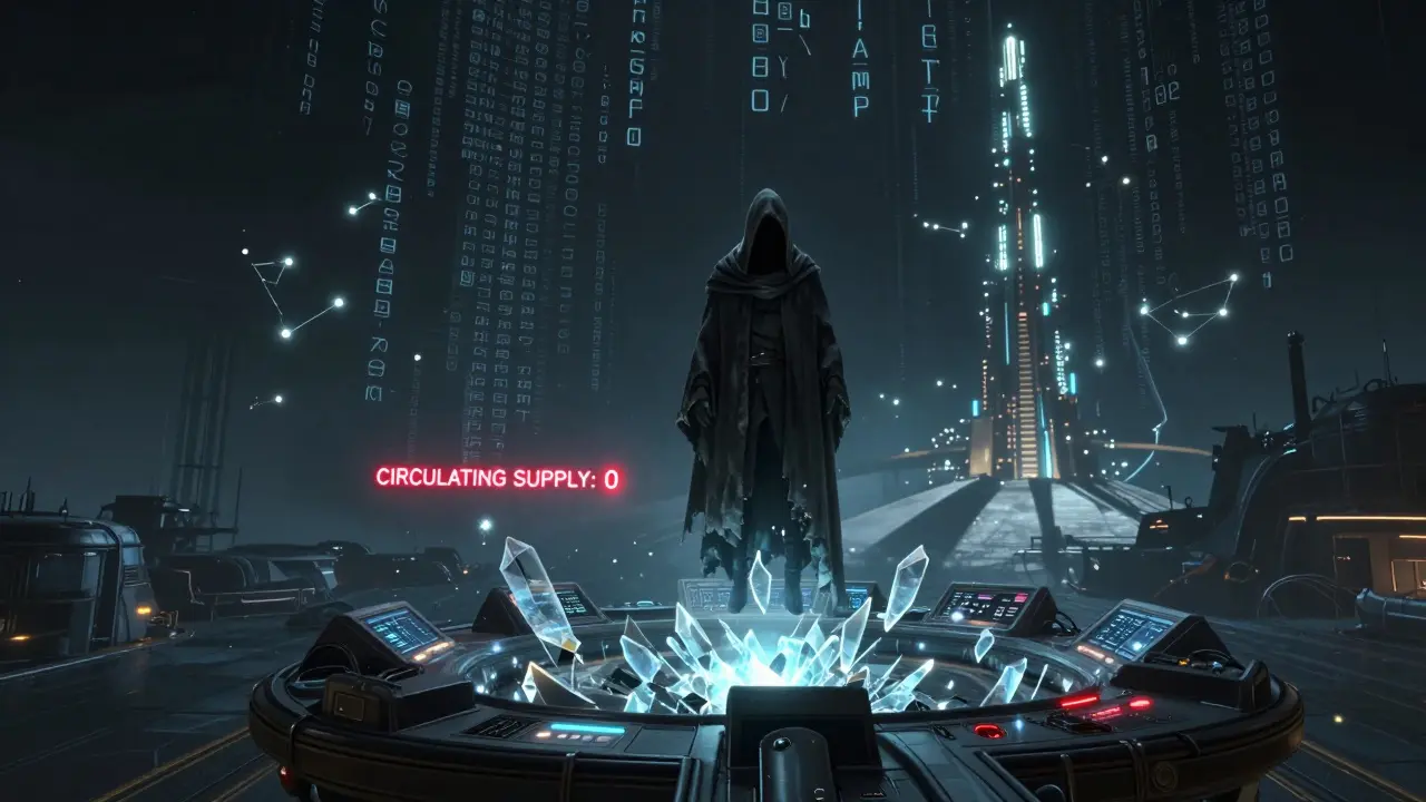 A shadowy figure surrounded by ghostly wallet addresses stares at a console displaying 'CIRCULATING SUPPLY: 0' for the BSWAP token.