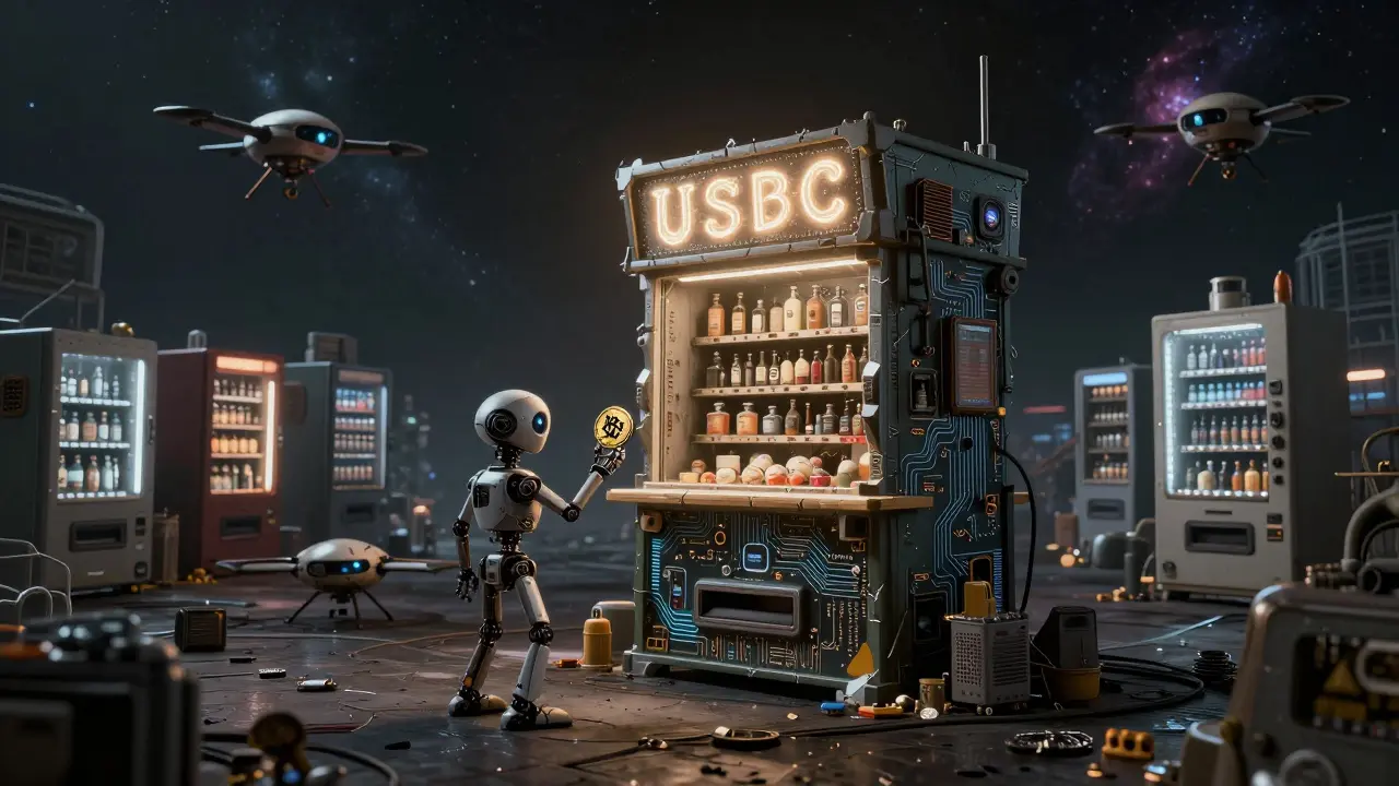 A single abandoned kiosk in a void filled with silent, broken crypto vending machines.