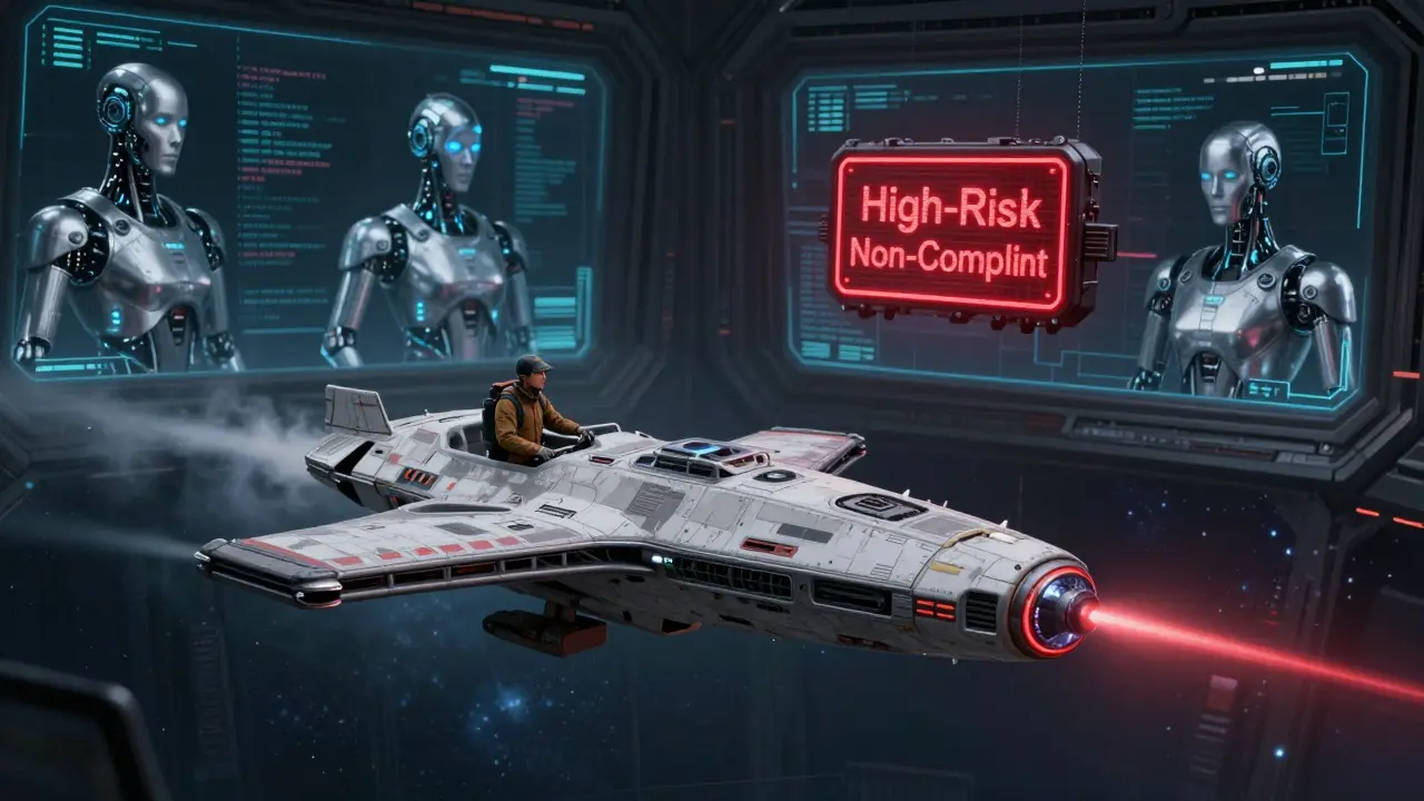 A starship frozen by a compliance citadel as its encrypted data-core flashes red, flagged for sending to a non-compliant destination.