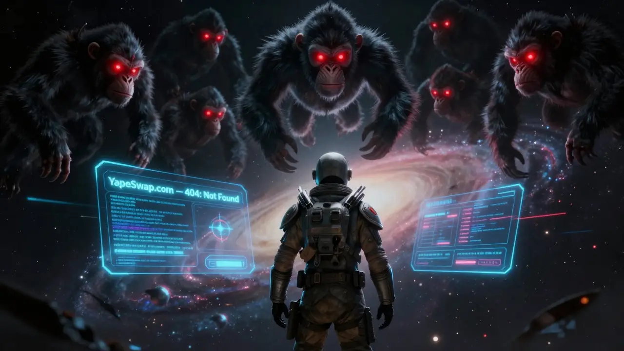 A trader confronted by predatory drone-apes hovering over a '404 Not Found' hologram in deep space.