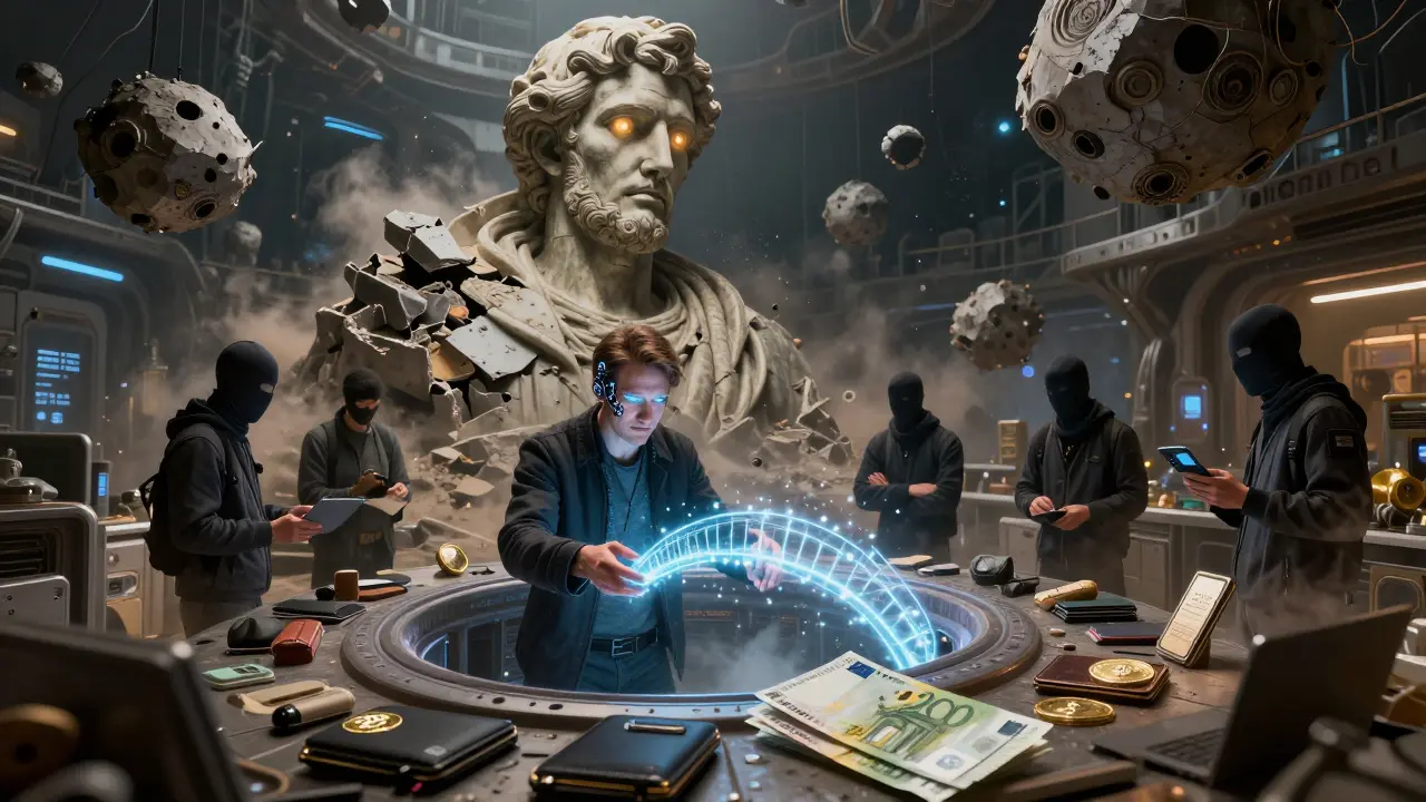 A trader exchanges crypto for euros at a hidden asteroid gateway, under the shadow of a ruined Cyprus bank statue.