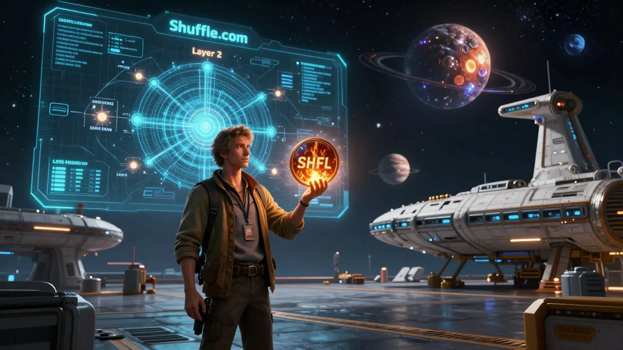 A trader with a glowing SHFL token docks at a space station as galaxy-wide expansion unfolds.