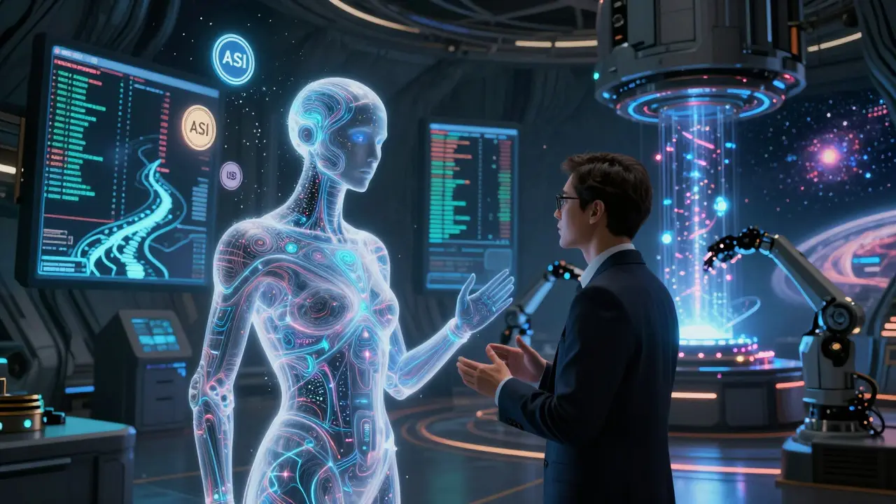 AI entity made of fractal light negotiating with a delegate, surrounded by floating crypto tokens and data rivers.