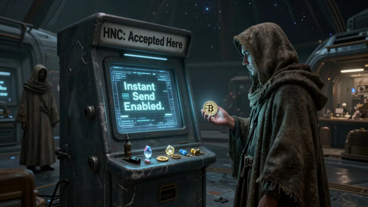 An abandoned space market stall with a frozen HNC price display, lit only by a traveler's faint coin glow.