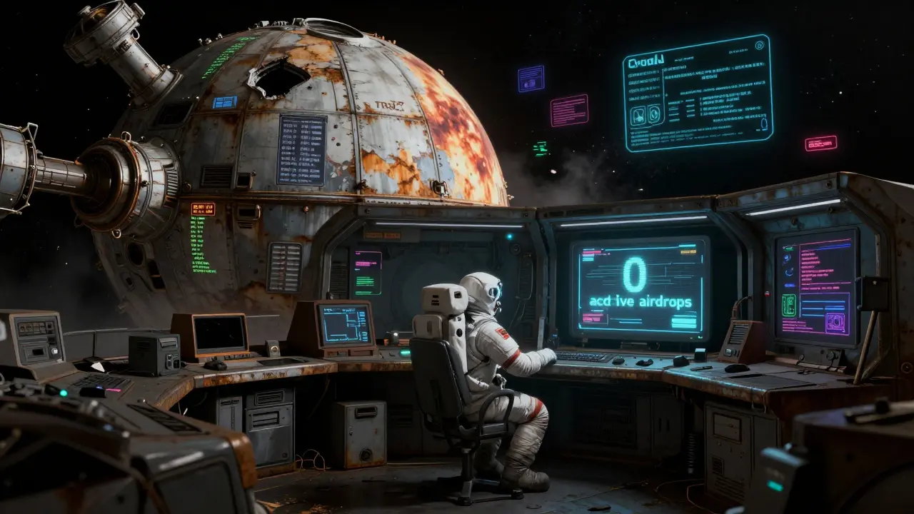 An astronaut in a ruined space station stares at a dead monitor showing '0 active airdrops' amid floating dust and broken holograms.
