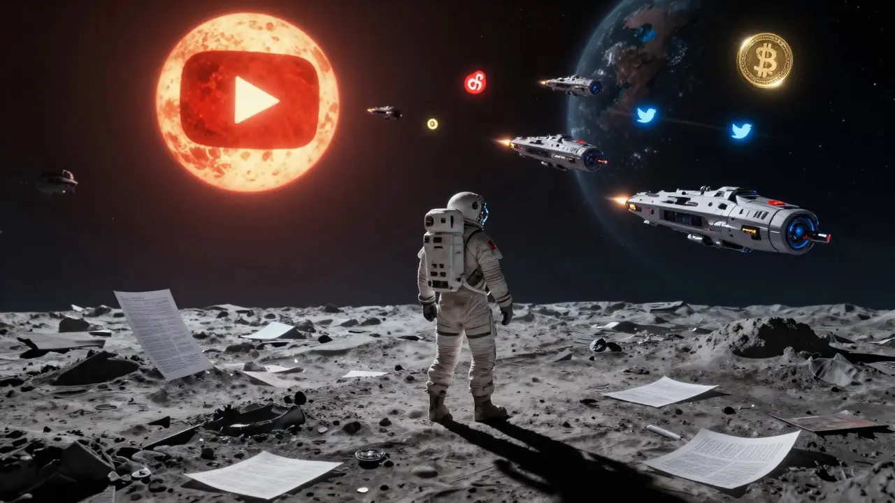 An astronaut on a barren moon surrounded by crypto debris, watching AI starships launch a meme-missile toward a distant glowing coin.