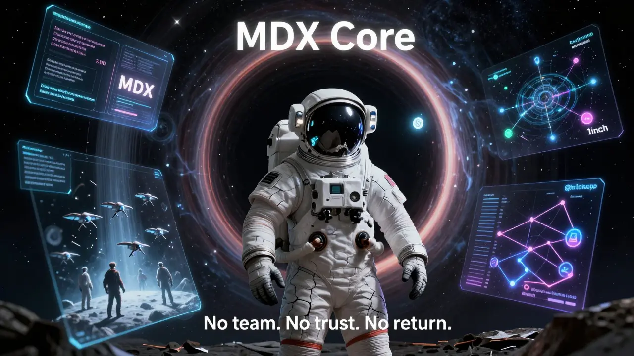 An astronaut stands before a dying star labeled MDX Core, surrounded by holograms of its collapse, while thriving DEX hubs glow in the distance.