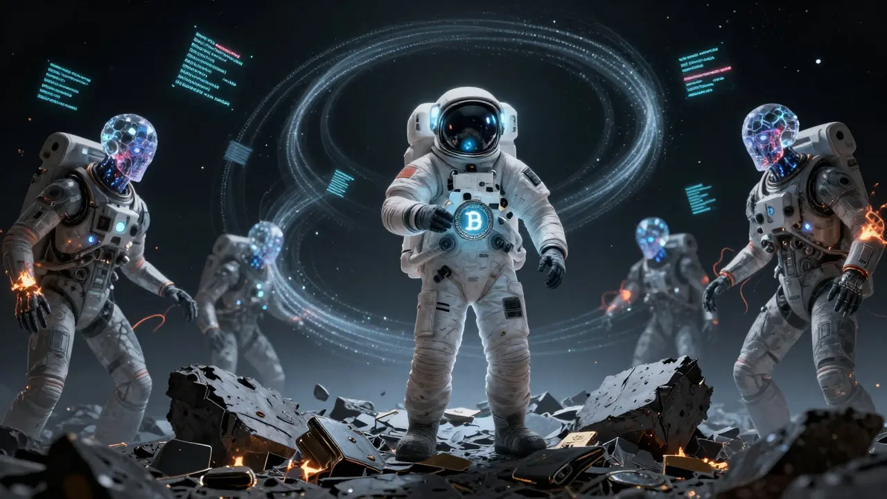 An astronaut uses a zero-knowledge amulet to block AI sentinels scanning transaction trails in the void.