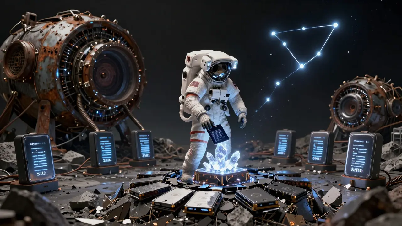 Astronaut places a plot file into a node as abandoned ASIC miners rust nearby, SMH token shines as a constellation.