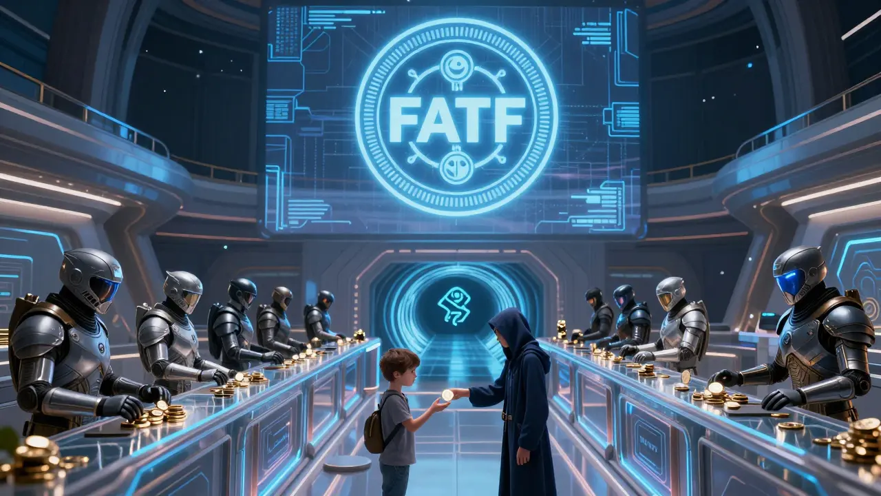 Citizens trade quantum coins at a space station while a hidden tunnel glows with Monero runes.