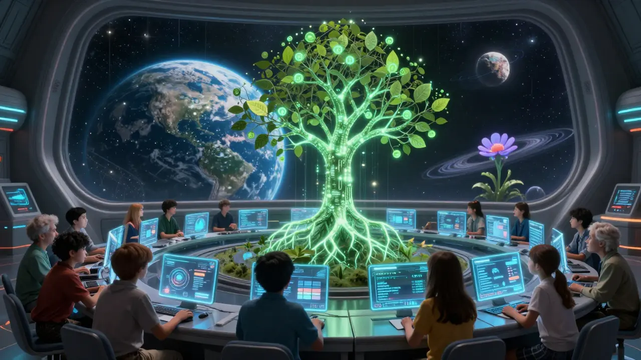 Diverse people gather around holograms of Smeshing rewards, with Earth glowing below and a data-tree growing in the center.