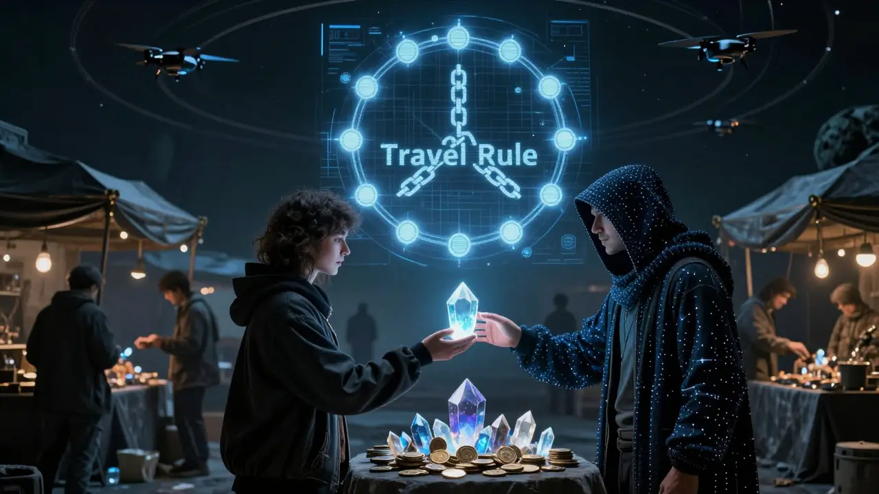 Traders in a hidden moon market exchange untraceable crypto crystals while EU surveillance drones patrol the sky above.